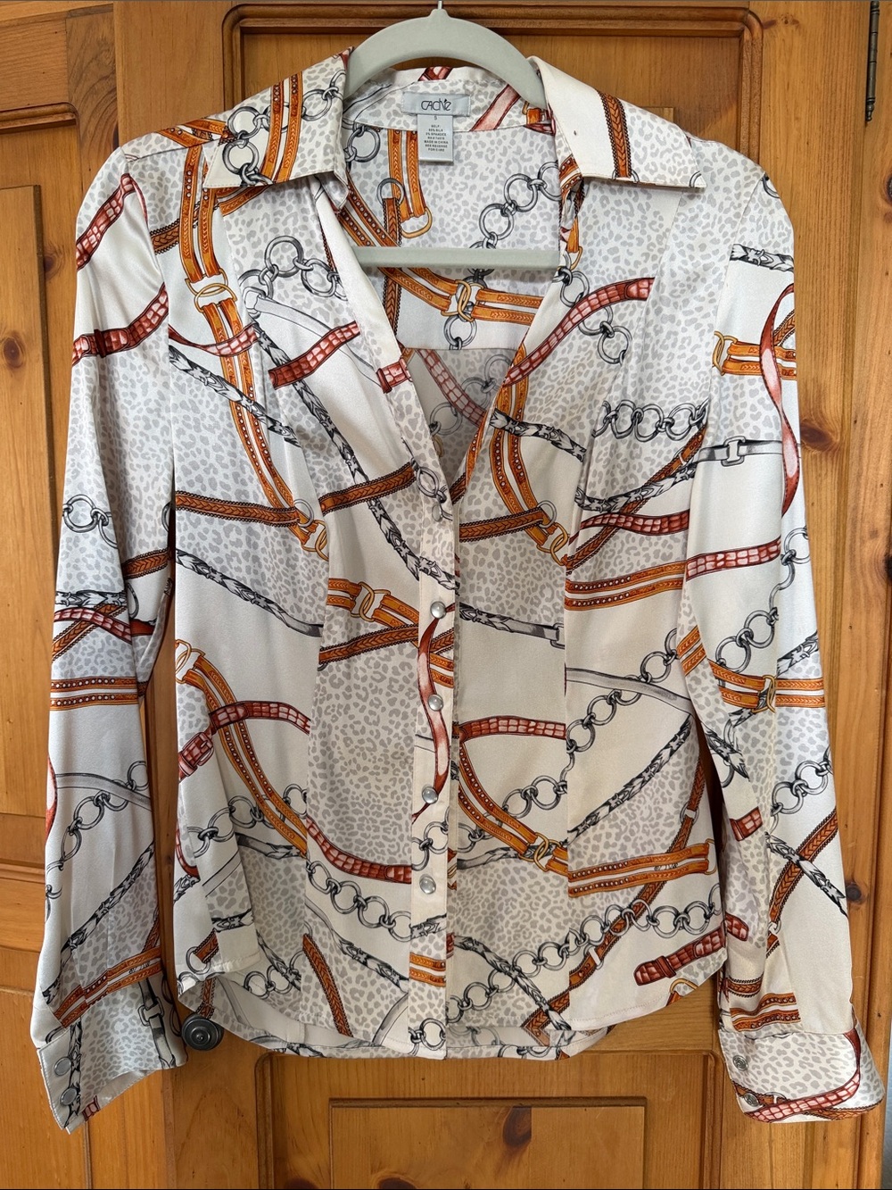 Cache- Cream Chain & Belt Print Button-Front Blouse